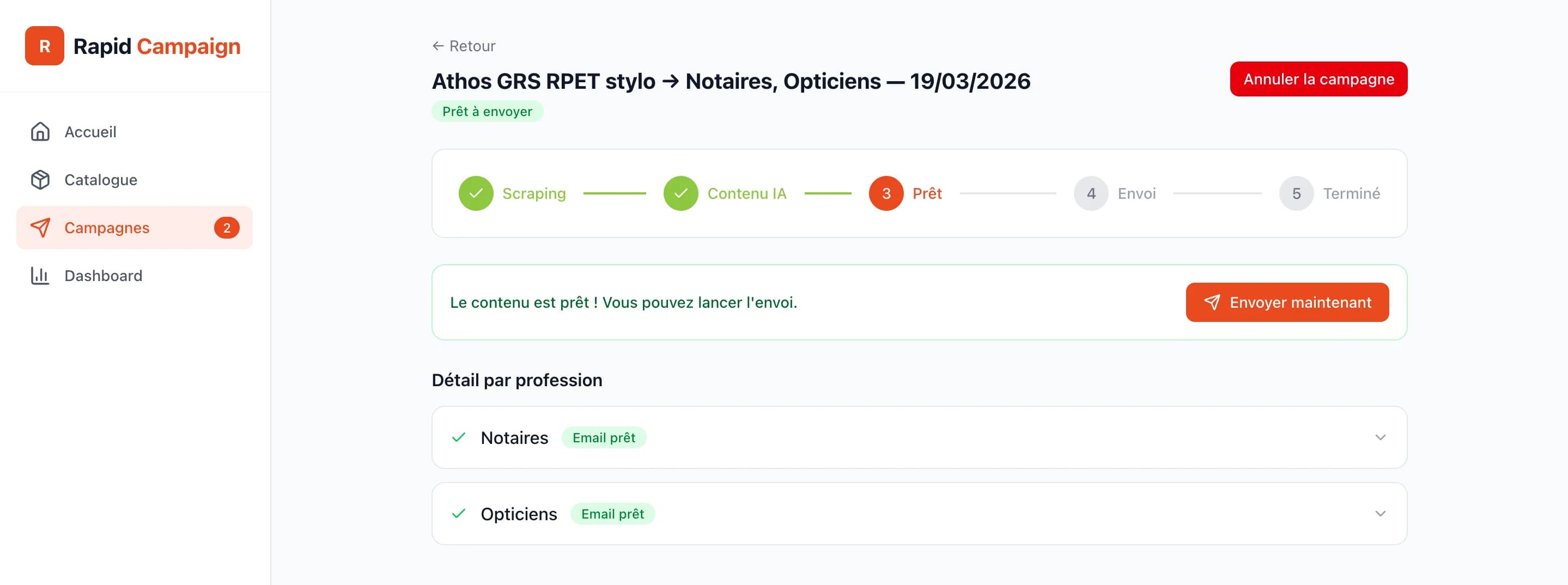 Rapid Campaign — Application de campagnes emailing produit